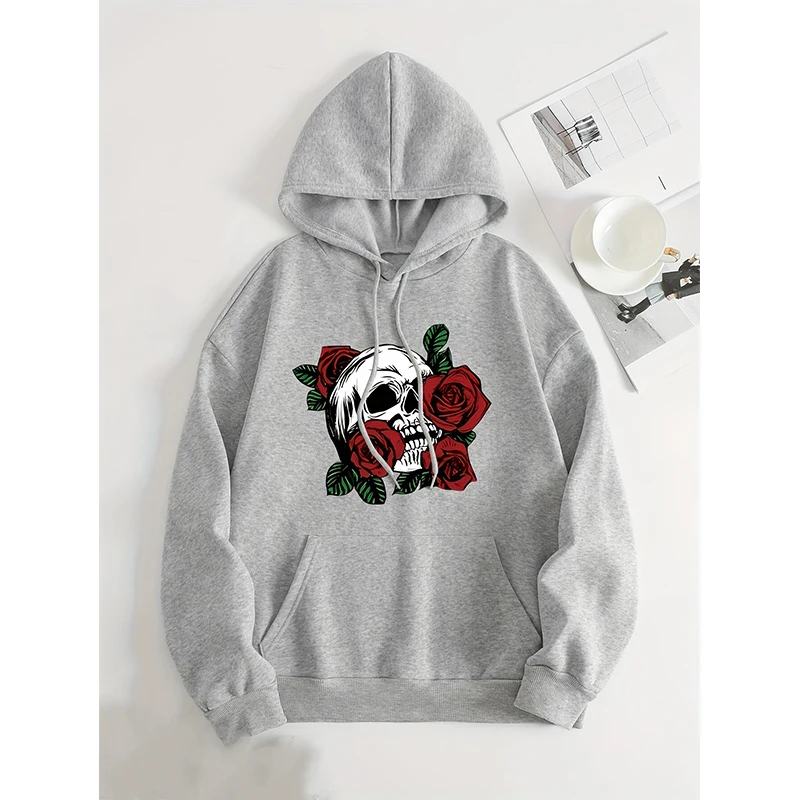 Halloween Skull Rose Print Hoodie Men Woman Casual Cool Hoodies Hooded Sweatshirts Harajuku Pullovers Tracksuit Unisex Clothing