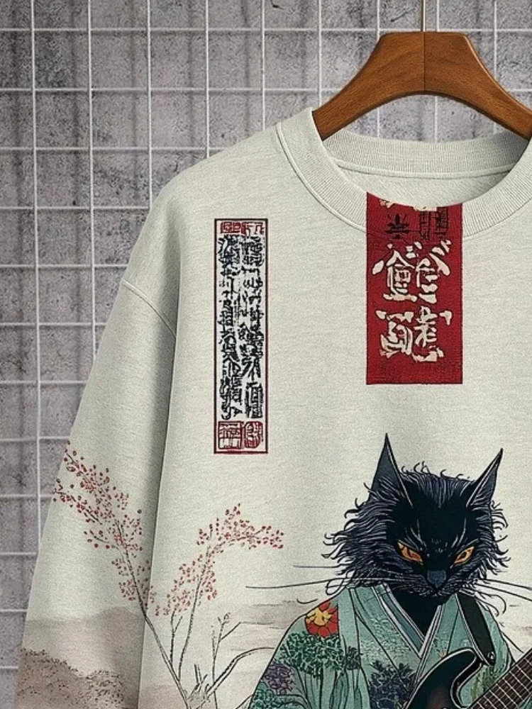 الرجال كيمونو القط العزف على الجيتار الزهور اليابانية الفن طباعة بلوزة غير رسمية عطلة الخريف 2025 طويلة الأكمام س الرقبة البلوفرات 7 #3
