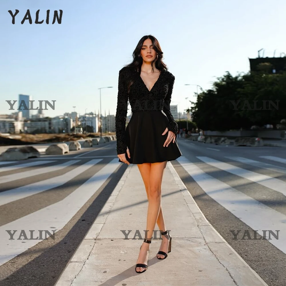 YALIN Long Sleeves Black Cocktail Dresses Sexy Dubai Deep V Neck Applique Mini Length Club Wear Gowns Vestidos De Fiesta