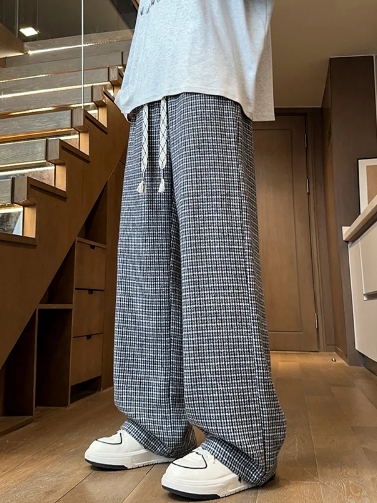 

American Retro Vintage Plaid Pants Men's Spring Autumn Loose Drapey Wide Leg Straight Casual Long Trousers