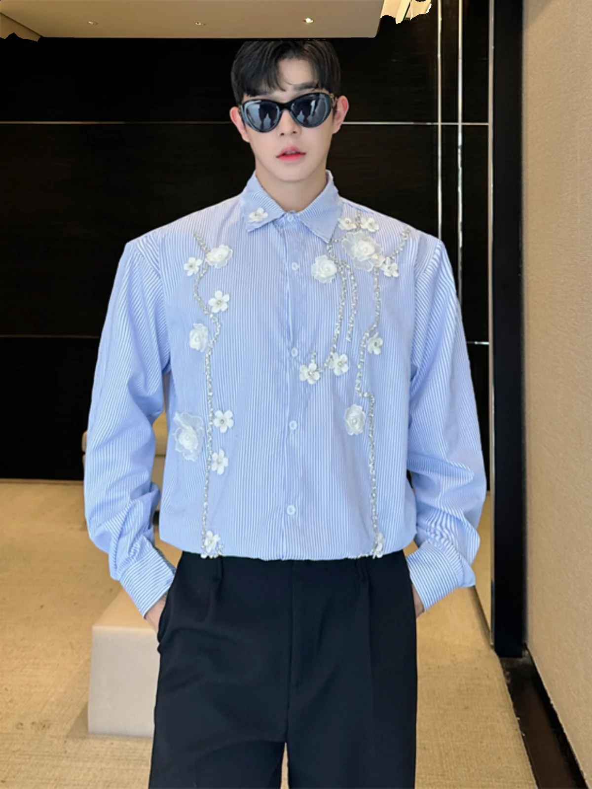 

Новинка весны, мужские длинные све, повседневные полосатые, с цветочным 3D-дизайном, свободный крой, корейский тренд, весна, лето, осень, сезон