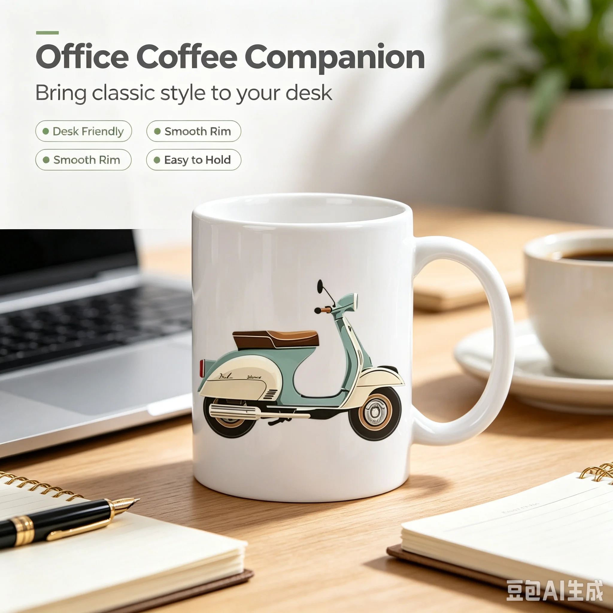 Vintage Scooter Ceramic Mug - Retro White Coffee Cup with Brown Seat & Golden Accents, Perfect Gift for Scooter Enthusiasts, Han