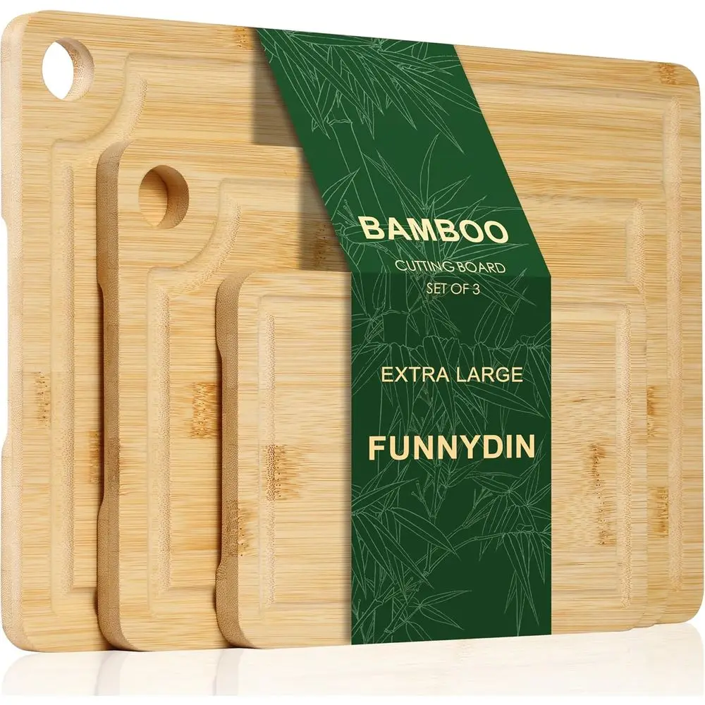 

Durable Wooden Cutting Boards with Deep Juice Grooves, Built-in Handles & Hanging Holes, Ideal for Chopping Meat, Vegetables, Di