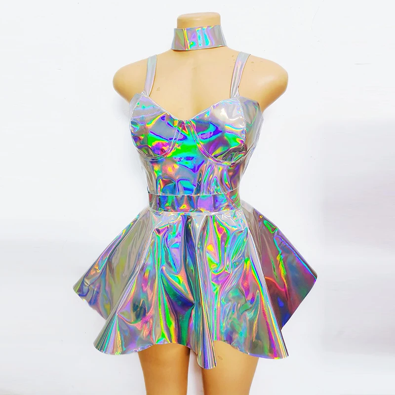 Boate gogo dança traje laser prata bodysuit saia conjunto cantor desempenho terno showgirl palco outfit vestidos de festa yj005