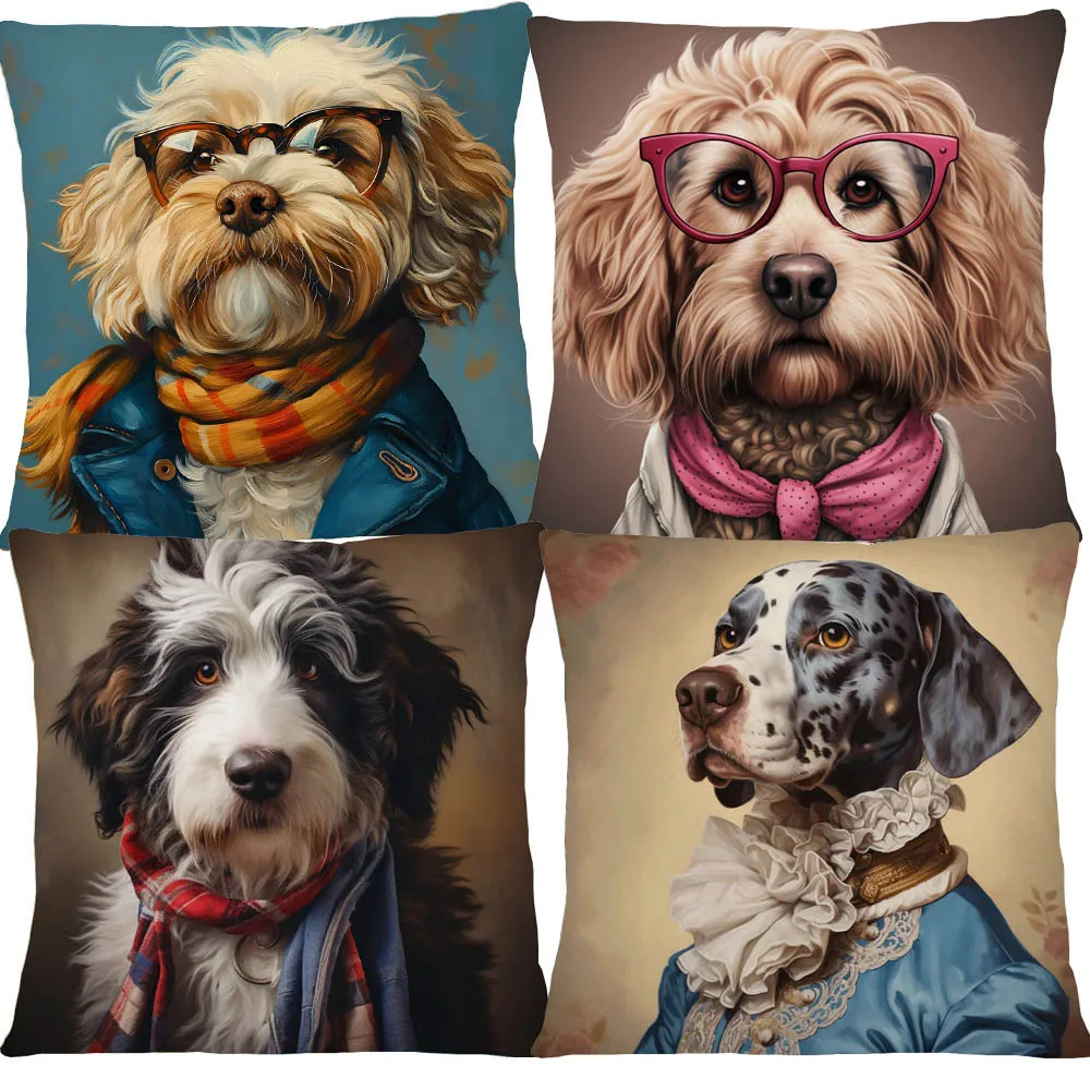 European Vintage Labrador Pug Doodle Dog Fashion Poster Painting Cushion Covers Decorative Pillowcase