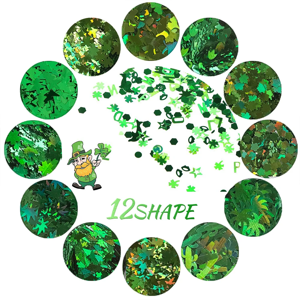 

PrettyG 1 Set 12Color Box Holographic Green Plant Sequins St. Patrick's Day Shape Nail Glitter For Resin DIY Nail Art Decoration