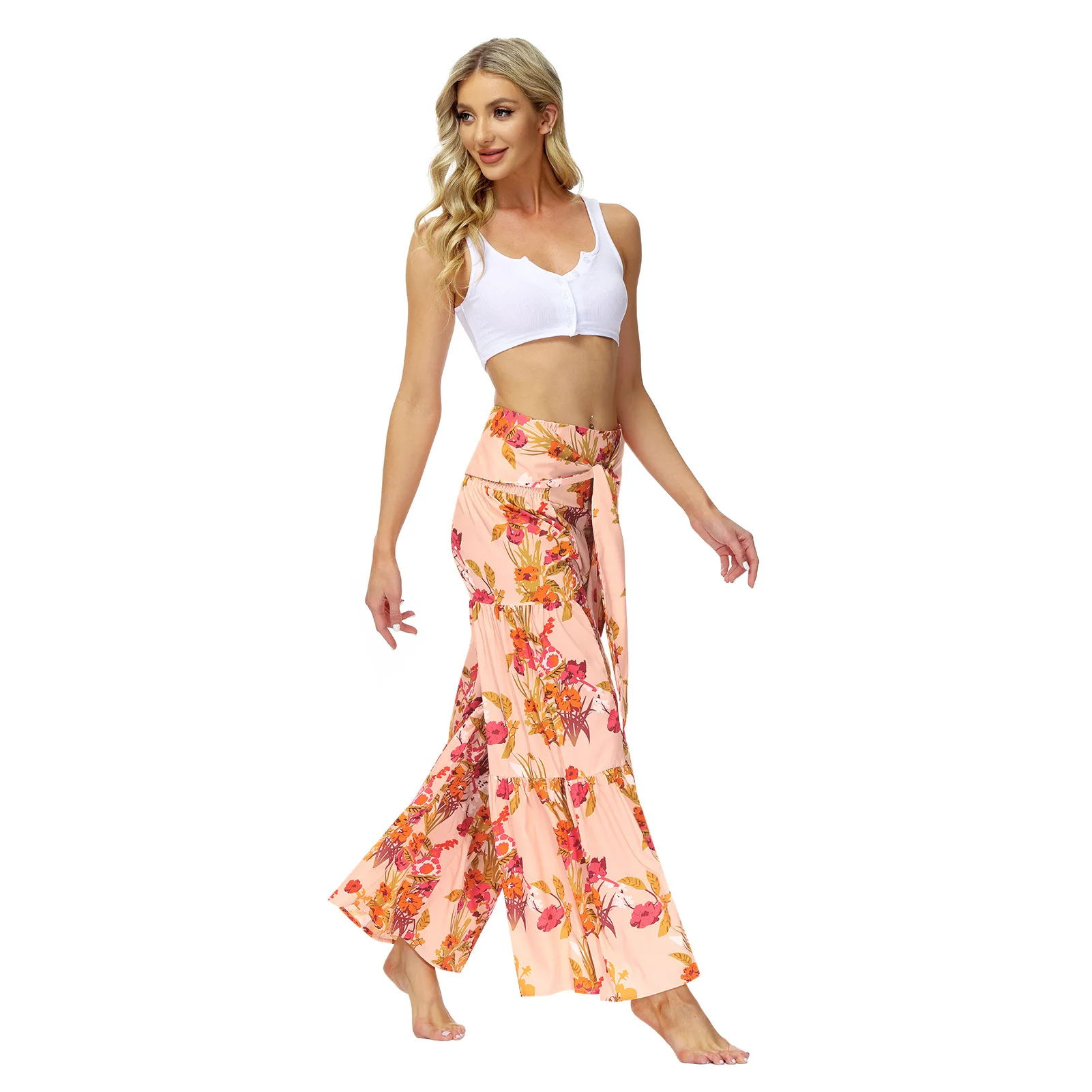 Custom Printing Sexy Bohemian  Long Pants Floral Wide Leg  Elastic  Loose Beach  Pants