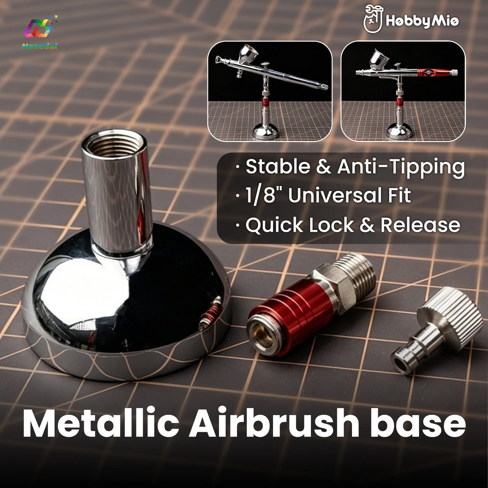HOBBY MIO All Metal Airbrush Holder 1/8 Inch Standard Connector Self Lock for Gundam Military Hobby Display Painting Supplies