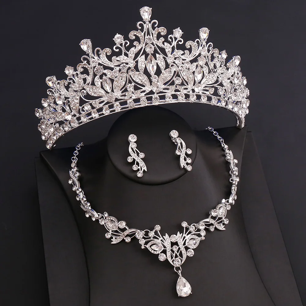 DIEZI 5 Colors Luxury Elegant Bridal Women Wedding Party Crown Princess Queen Crystal Tiaras Necklace Earrings New Jewelry Sets