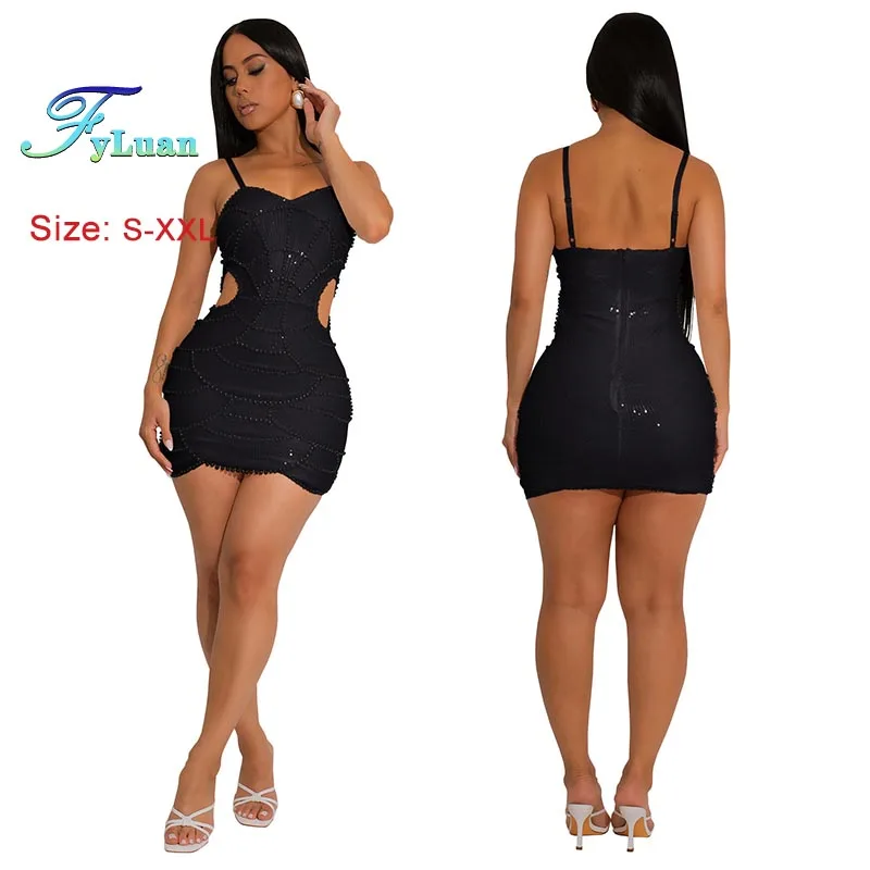 Vestido corto Sexy de Color liso para mujer, vestido con tirantes, cintura recortada, decoración de lentejuelas, Mini vestido de mujer a la moda para fiesta de cumpleaños