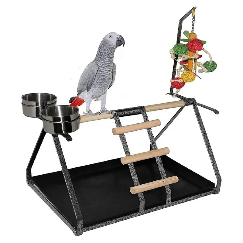 

Metal Parrot Stand Bird Perches for Feeding Training Bird Stand with Wooden Perch and 2 Steel Cups