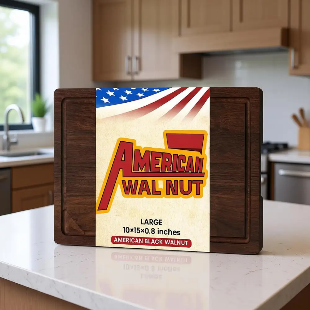 

Двусторонняя разделочная доска из орехового дерева 15x10 с глубокими канавками для сока и ручками