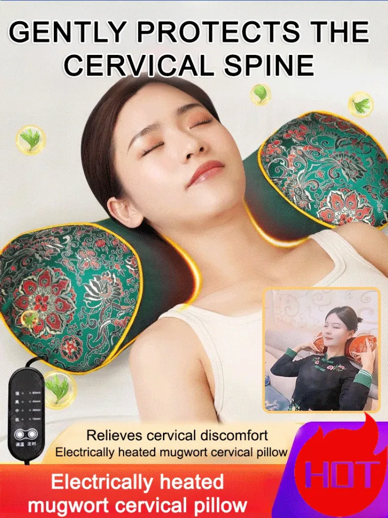 Home Mugwort Hot Compress Pillow Electrically Heated Sleep Aid Relaxation Moxibustion Cervical Pillow Machine Washable Cover