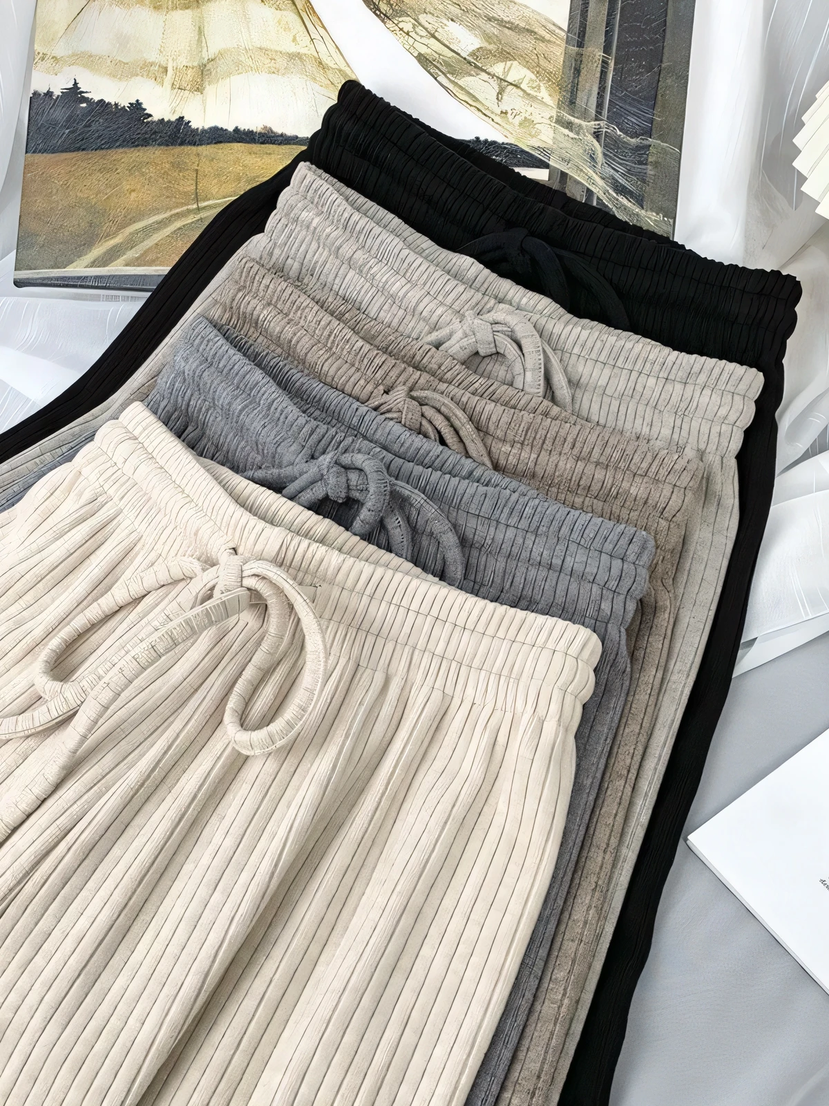 Women's High Waist Wide Leg Pants Fleece Lined Knitted Drapey Casual Long Trousers Spring Autumn Winter Loose Fit Drawstring
