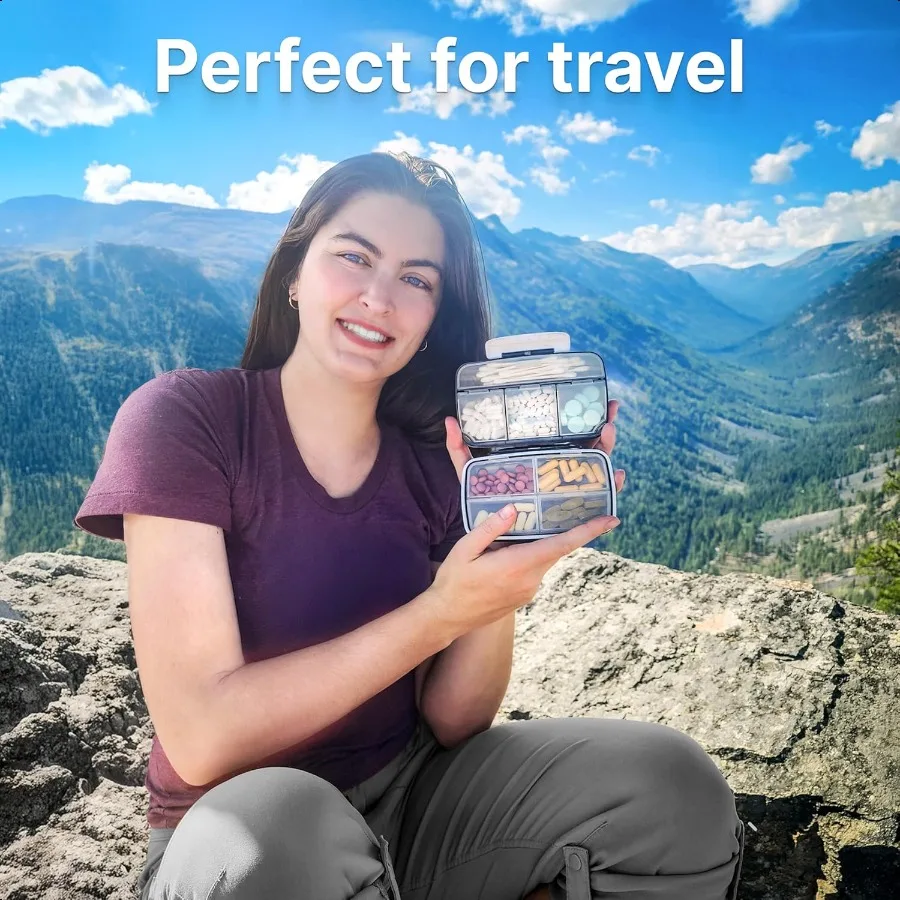 Travel Pill Organizer Airtight Medicine Case for Traveling Portable Phary Box with Labels Vitamin Container 8 Compartment pleme