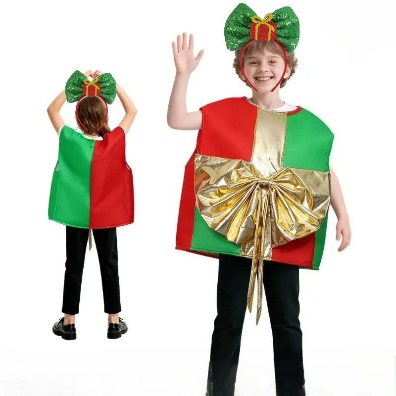 صندوق هدايا عيد الميلاد سانتا كلوز، زي إسفنجي مضحك مع أداء مرحلة المدرسة للرأس للأولاد والبنات مقاس واحد