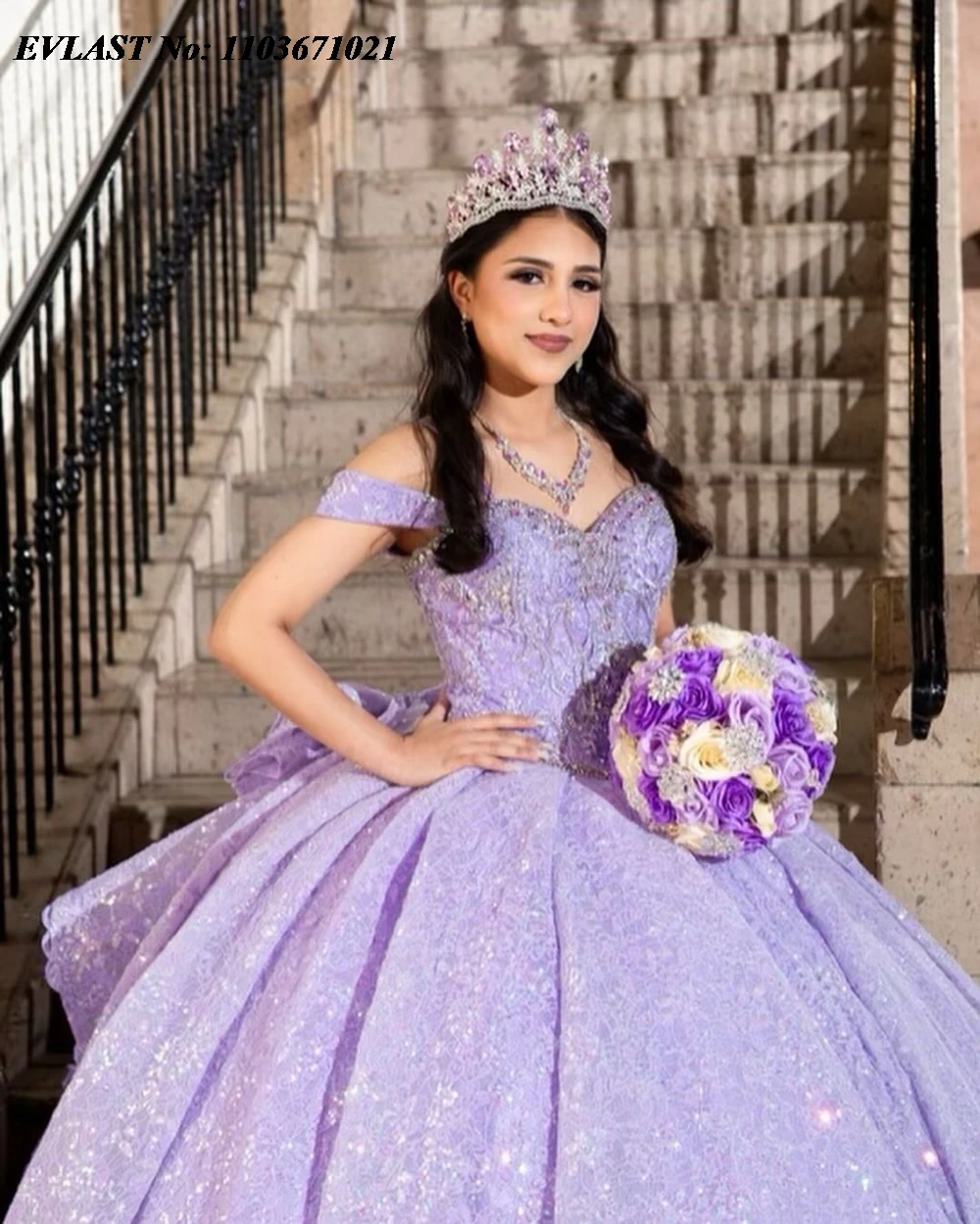 Evolt personalizado lilás quinnceanera vestido de baile brilhante applique miçangas arco espartilho capa doce 16 vestidos de 15 anos sq697