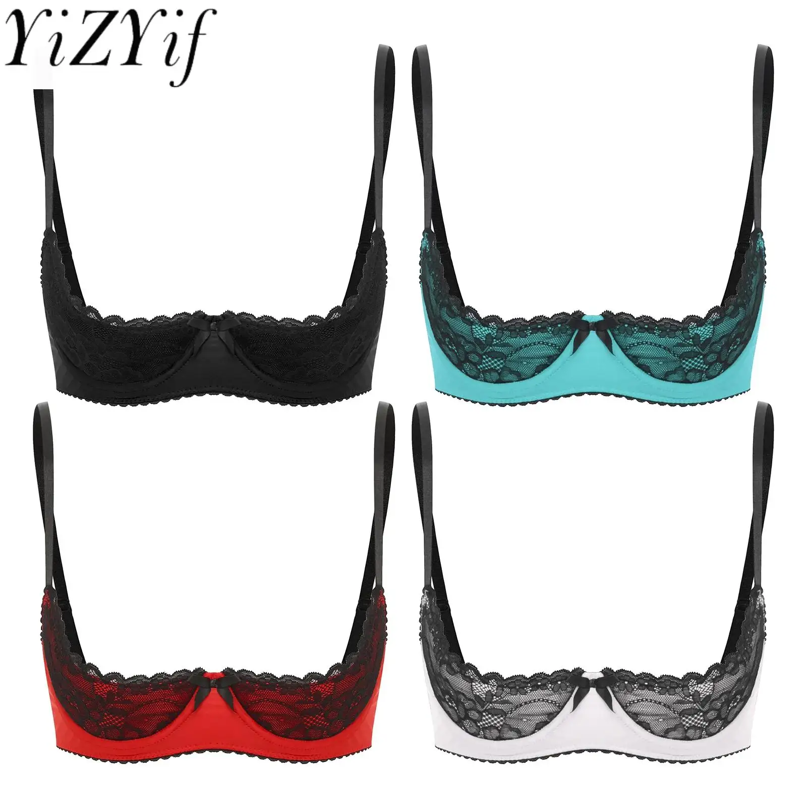 

Women Lace Half Cup Bra Underwired Open Nipple Push Up Cupless Exposed Breasts Underwired See Through Sheer Lace Sexy Exotic Bra