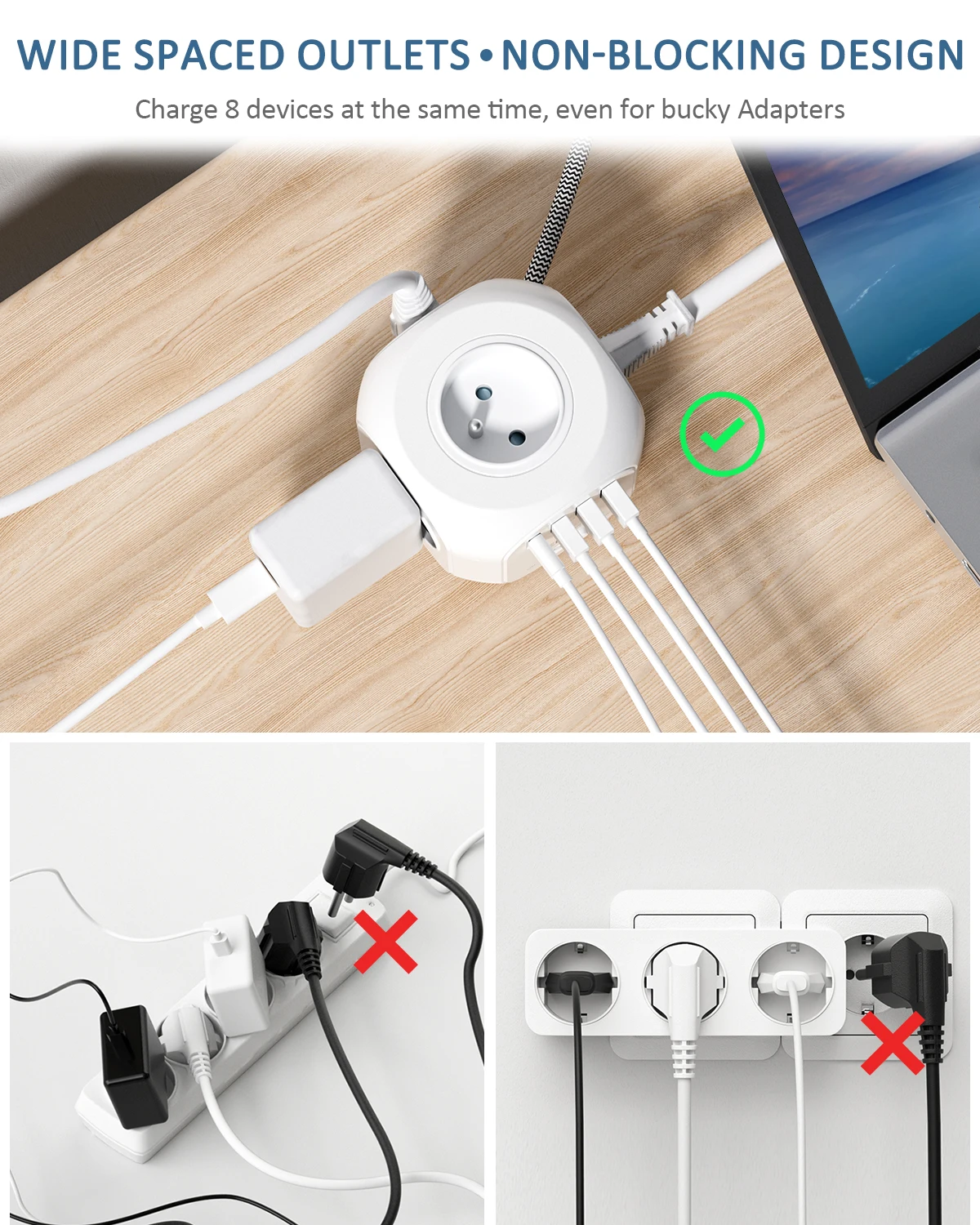 LENCENT FR płaska wtyczka Power Strip Cube z 4 gniazdkami AC 3 Port USB 1 typ C 2M pleciony kabel wiele gniazd z przełącznikiem do domu