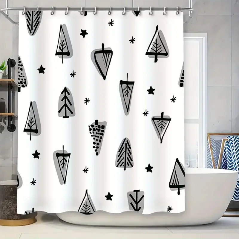 

Черно-белые современные геометрические деревья, занавеска для душа, декор комнаты для ванной комнаты, водонепроницаемая ткань, доступный настраиваемый размер (180x240