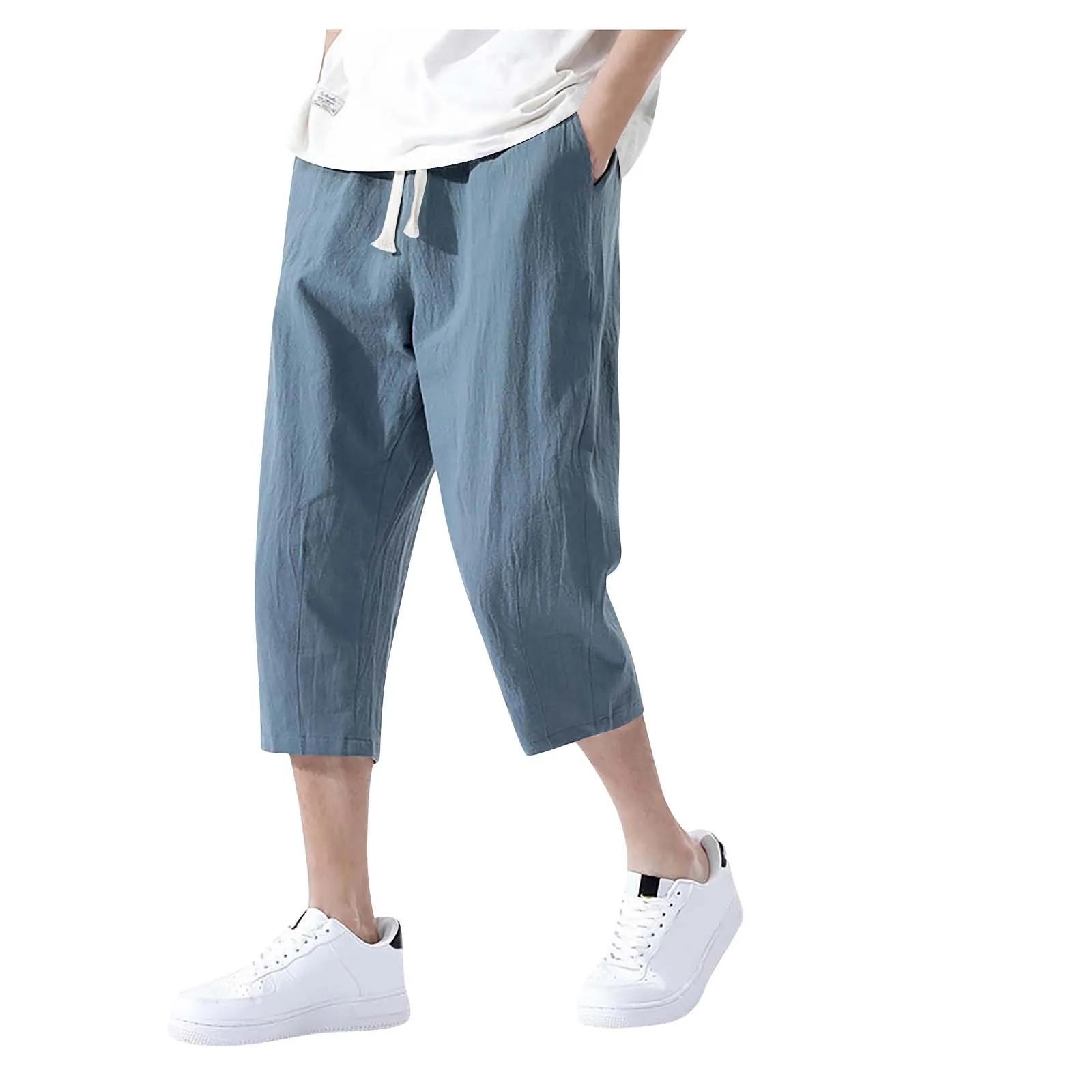 

Sports Pants Soft Pocket Trousers Casual Trousers Wide Leg Mens Cotton Linen Solid Color Loose Drawcord Capris Casual Shorts