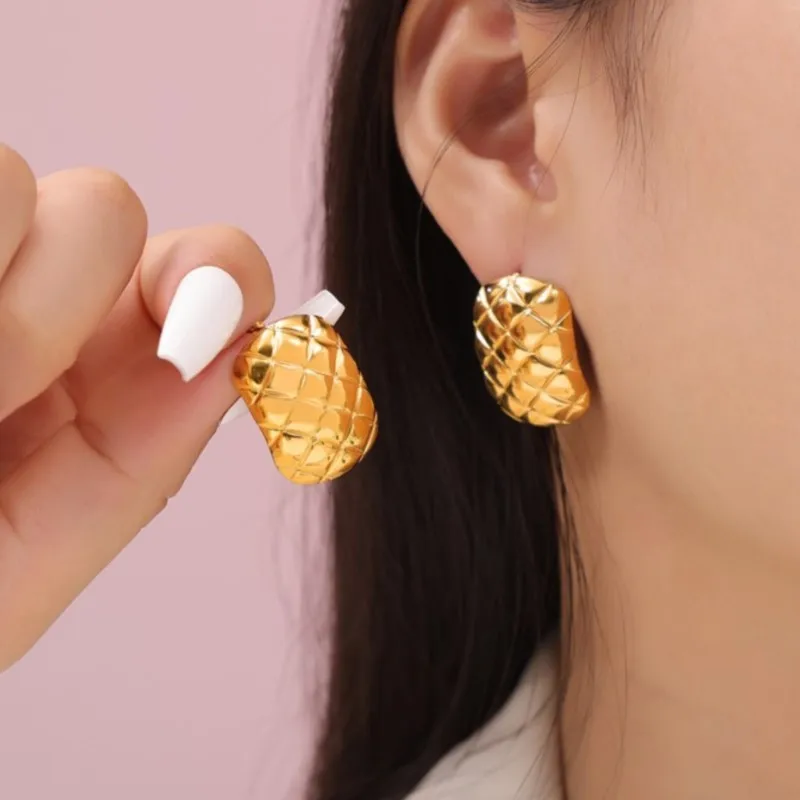 Fashion Chequer Earrings For Women Stainless Steel Gold Silver Color Simple Women's Stud Earring Ear rings Luxury Woman Jewelry