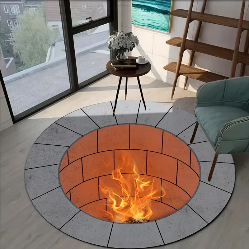 Creative 3D Bonfire Floor Mat Stone Fire Pit Flame Print For Home Living Room Indoor Realistic Visual Effect Stylish Home Decor