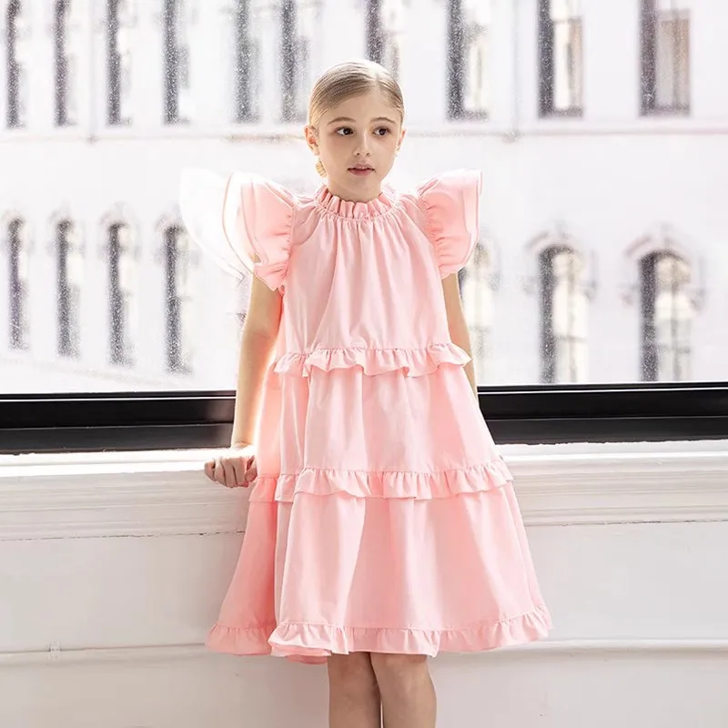 

Girls' dress collar and flying sleeves bow tie dress princess 2025 summer dress children's clothing kids clothes