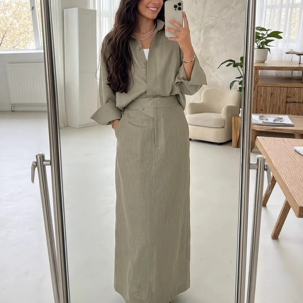 Elegante zweiteilige Sets für Damen: Langärmlige Hemden und Maxiröcke – Frühjahr/Sommer 2026 – Schicke Freizeit-Kombinationen