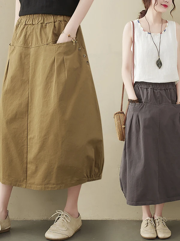 Elegant Cotton Linen A-Line Midi Skirt Women's Summer High Waist Floral Bloom plus Size Versatile Office Commute Style