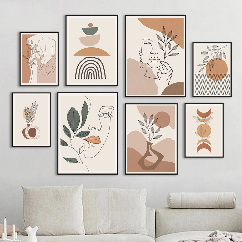 Boho Abstract Lines Girl Leaf Geometry Wall Art Canvas Painting Nordic Minimalist Posters Prints Pictures For Living Room Decor