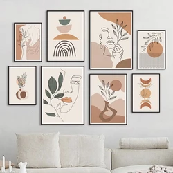 Boho Abstract Lines Girl Leaf Geometry Wall Art Canvas Painting Nordic Minimalist Posters Prints Pictures For Living Room Decor