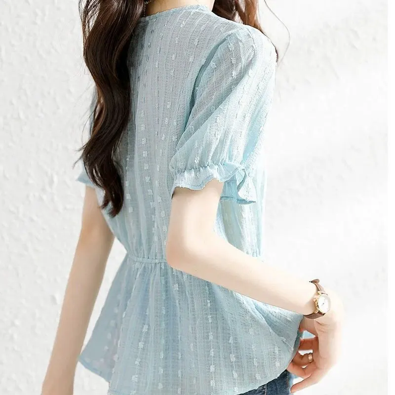 Women\'s Clothing Commute Waist Shirt Fashion Lace Spliced 2024 Summer Basic Short Sleeve Casual Slim Pearl Elegant V-Neck Blouse