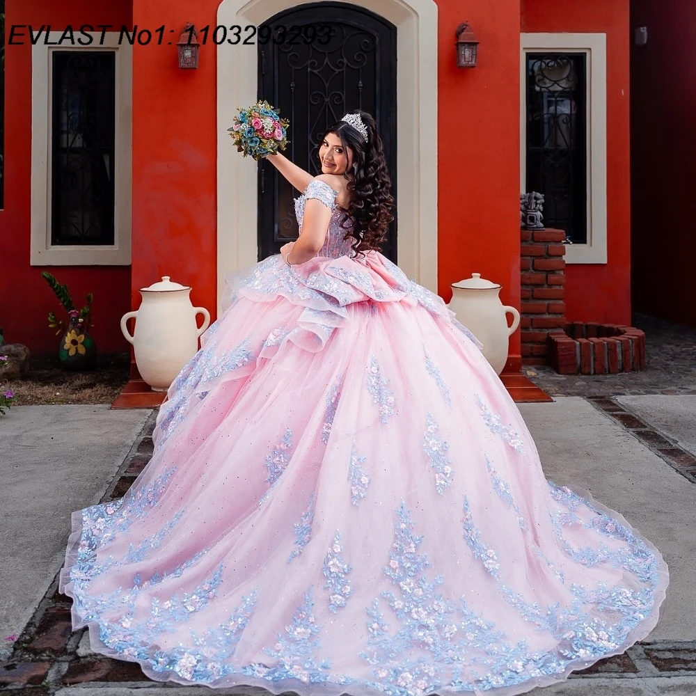 Eplast personalizado princesa rosa quinceanera vestido de baile azul renda apliques miçangas arco doce 16 vestidos de 15 anos e1qn456