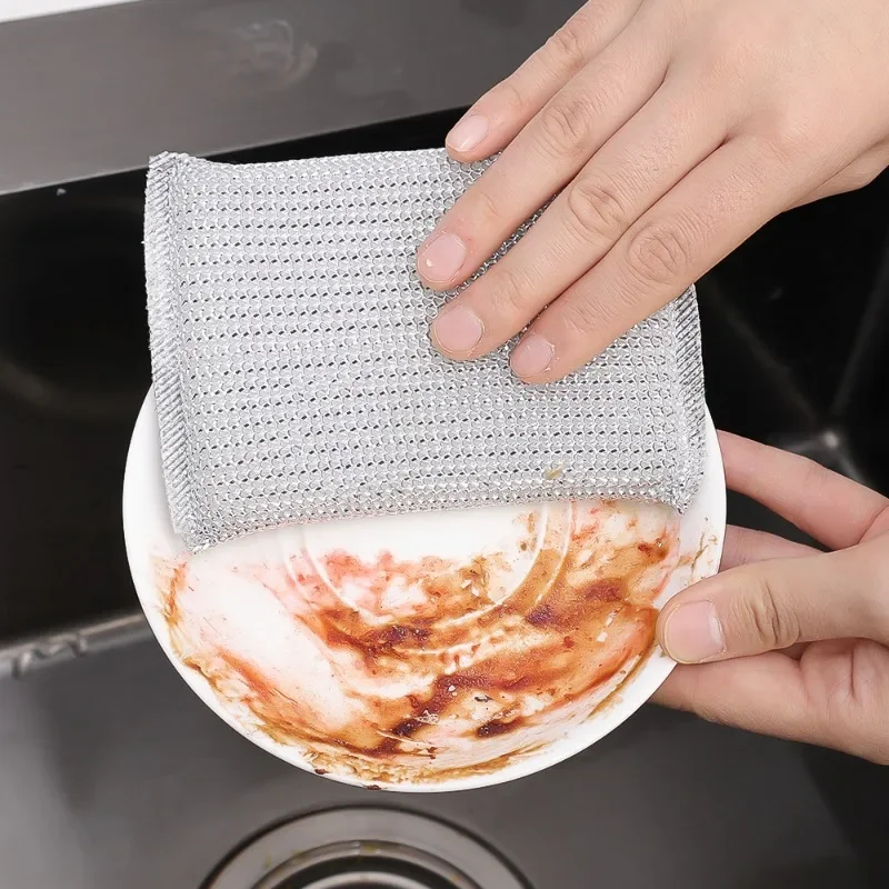 4/24PCS Double Sided Dishwashing Sponge Thickened Silver Wire Cleaning Rags Pan Pot Dish Wash Scouring Cloth Kitchen Dish Cloth