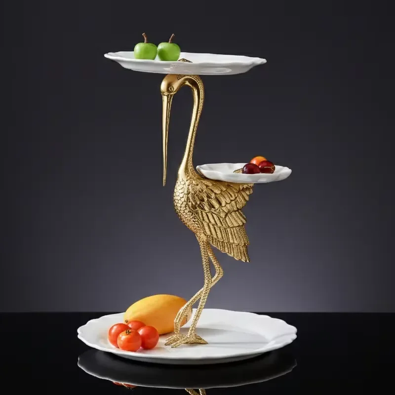 3 Tier Fruit Basket Ceramic Fruit Stand Gold Crane Sculpture Dessert Serving Tray Banquet Centerpiece Home Decoration