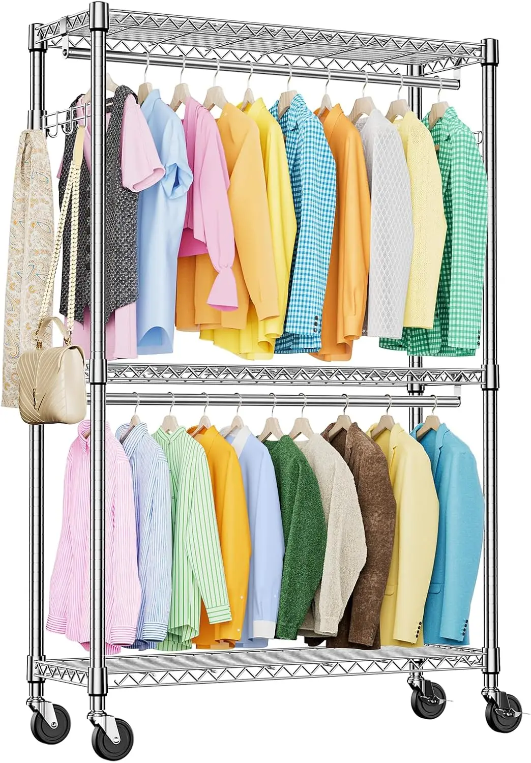 

3 Tier Heavy Duty Rolling Garment Ra Wire Clothes Ra For Hanging Clothes, Metal Freestanding Closet Wardrobe Ra With Double