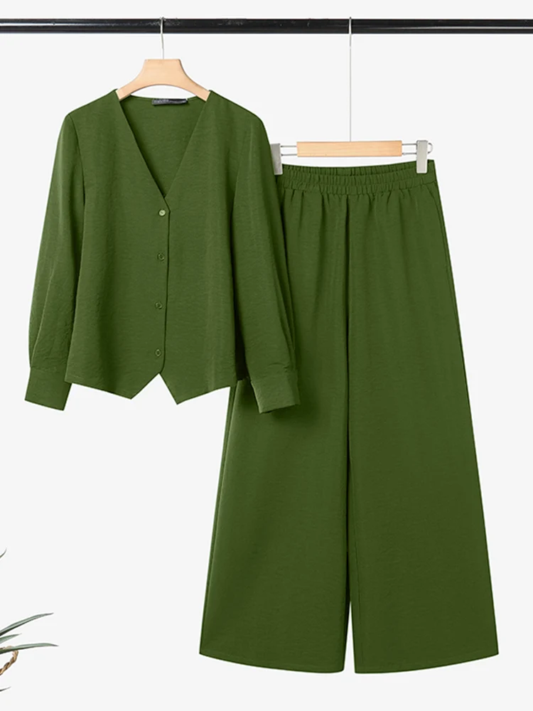 

ZANZEA Элегантный топ с v-образным вырезом и длинными рукавами, брючный костюм, осень 2022, женские одинаковые комплекты, повседневная однотонная рабочая одежда, модный спортивный костюм