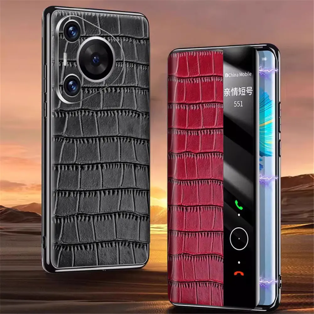 Genuine Cowhide Leather Crocodile Flip Case for Huawei Pura 70 Ultra/Pura 70 Pro/Pura 70 Magnetic Window View Business Cover