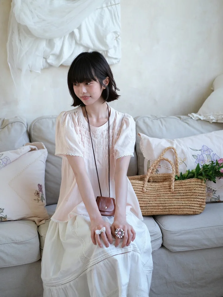 

Tulip Room Embroidered Texture ort Sve irt Pink Pleated Vertical Stripe Loose Fit Bubble Sve Thin Summer Casual irt