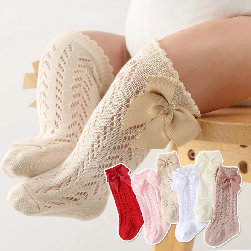 0-7Yrs Baby Girls Socks Toddlers Bow Long Sock Kids Knee High Soft Cotton Mesh Spanish Style Hollow Out Lace Baby Socks