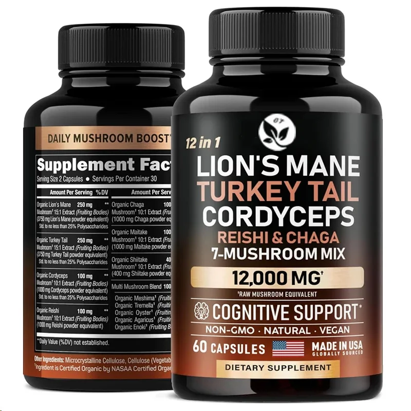 

Organic Lion Mane Turkey Tail, Cordyceps Sinensis, Ganoderma Lucidum, Mushroom, And Oyster 12 In 1 Complex 12000 Mg, 60 Capsules