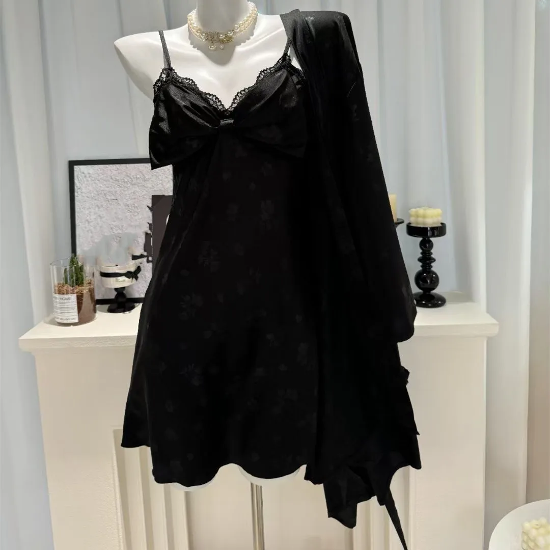 女性のシルク着物バスローブ,セクシーなドレス,弓のアップリケ付きネグリジェ,花嫁のナイトウェア,結婚式,夏,ホームドレス