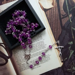Purple Bead  Rosary Necklace Bead Chain Pendant Ornament for Home Church Yoga Room Decorations Gift B03E