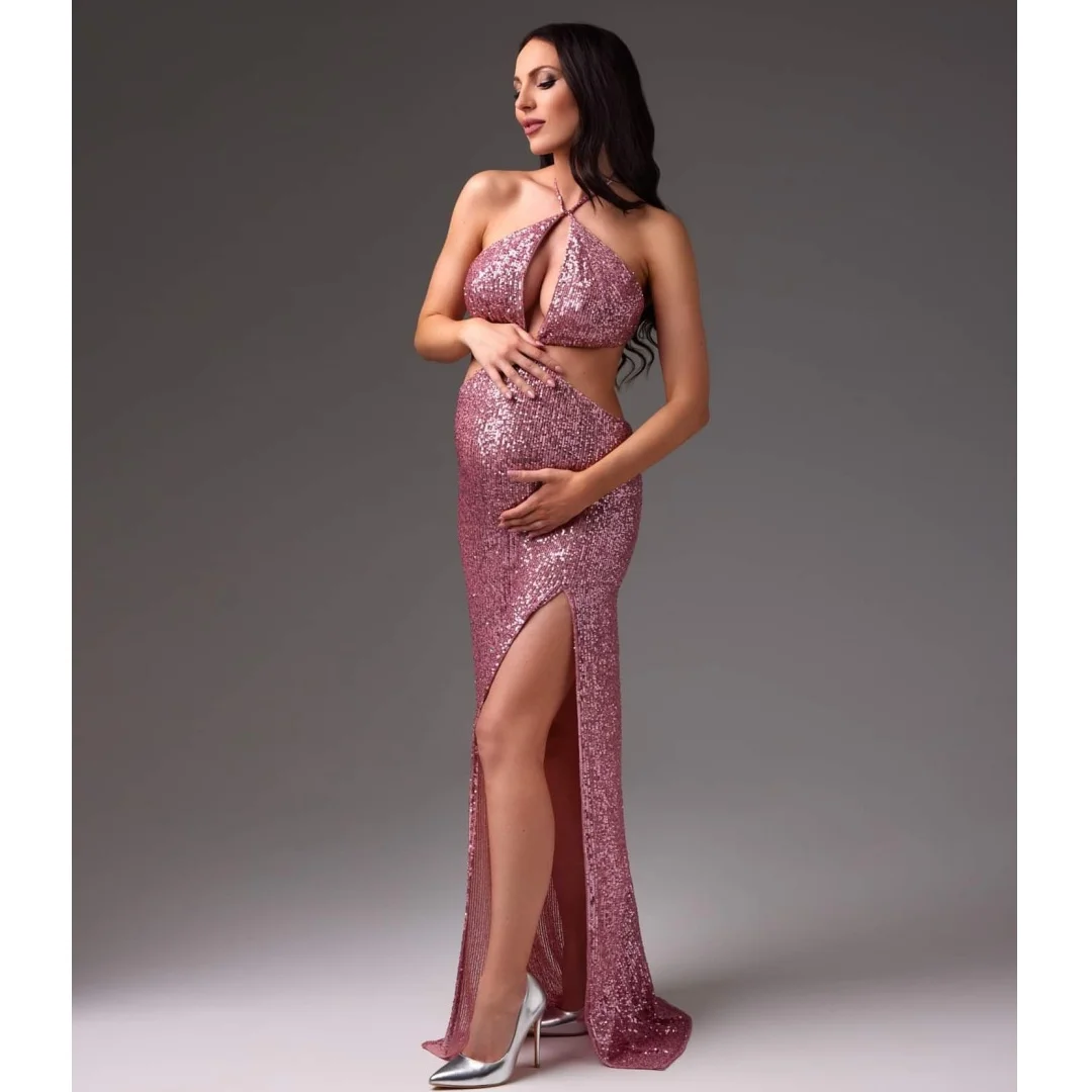 فساتين حفلة موسيقية مطرزة باللون الوردي مع فستان أمومة بفتحة مخصصة لدعائم التصوير الفوتوغرافي فيستدو دي نوفيا #1