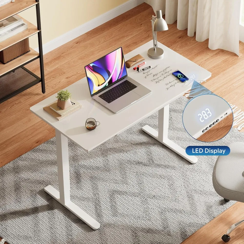 مكتب قائم كهربائي بارتفاع قابل للتعديل مع أدراج، سطح زجاجي كامل القطعة مقاس 48 بوصة، تجميع سريع، أبيض #3