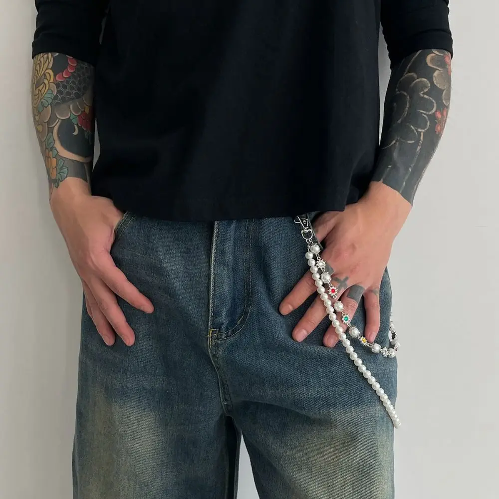Rantai Pinggang Mutiara Rumbai Fashion Rantai Jeans Rumbai Gotik Aloi Seng Rantai Sabuk Punk Hip Hop Harajuku Pria