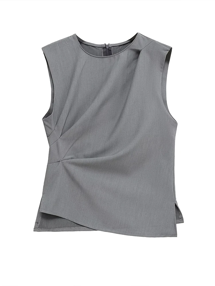 

European style new women's fashion versatile temperament irregular pleated sleeveless blouse shirt