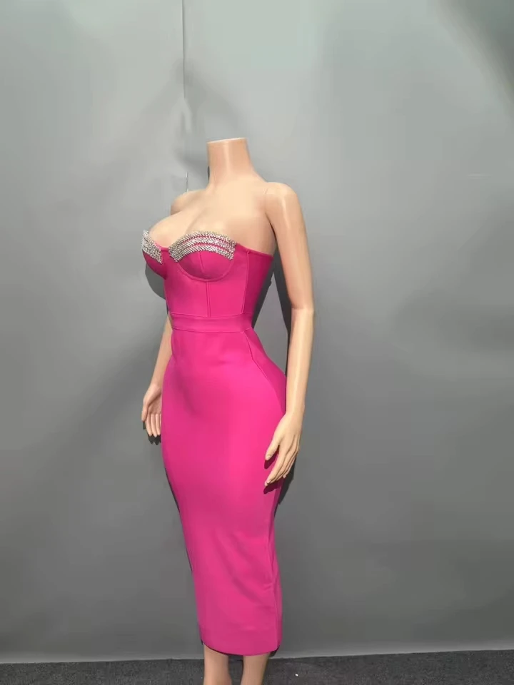 

Rosered Color Women Sexy Strapless Shinning Crystal Bodycon Bandage Mid-calf Dress Nightclub Party Celebrate Birthday Outfit