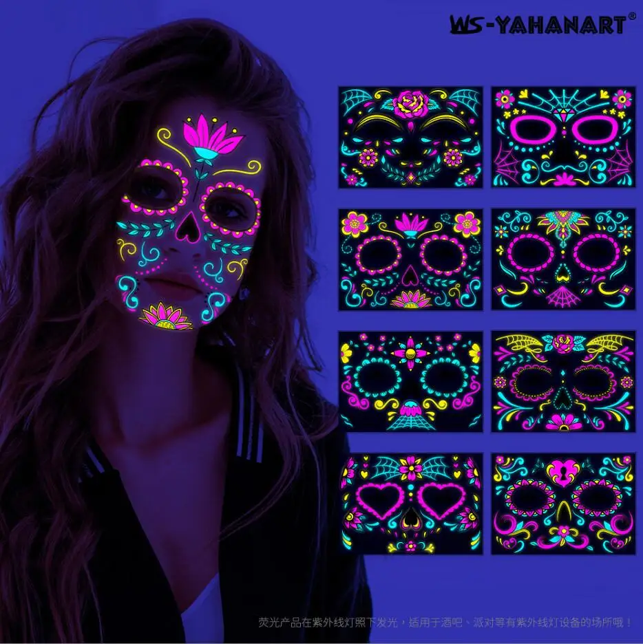 Fluorescent Halloween Face Tattoo Sticker Day of the Dead Funny Temporary Neon Face Sticker for Festival Masquerade Party T2265